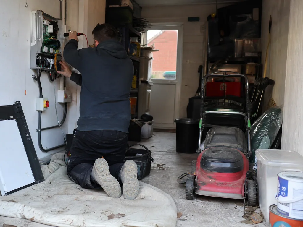 Engineer testing an opened solar inverter in a Derby garage