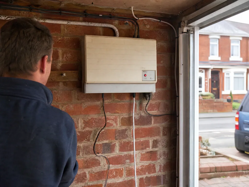 Old garage inverter showing a fault light, Derby