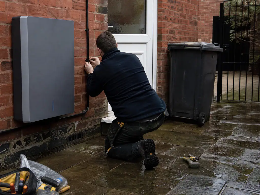 Electrician finishing a home battery fitted to the back wall of a Derby semi
