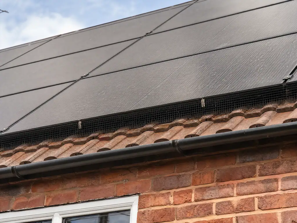 Gap under solar panels closed with bird mesh, Derby